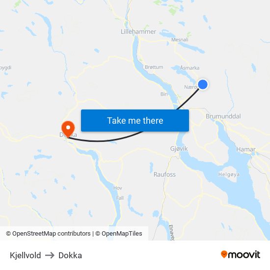 Kjellvold to Dokka map