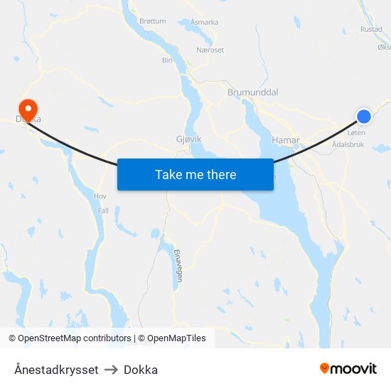 Ånestadkrysset to Dokka map