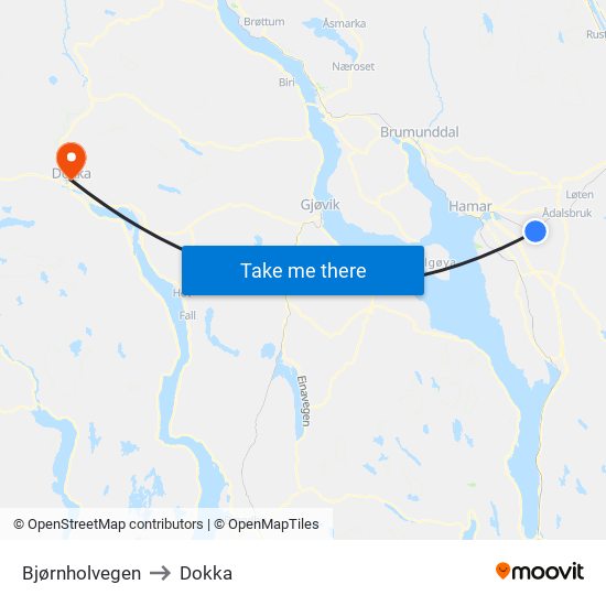 Bjørnholvegen to Dokka map
