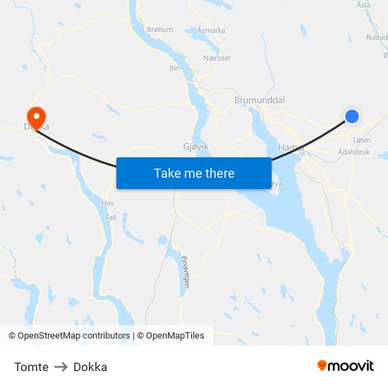 Tomte to Dokka map