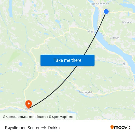 Røyslimoen Senter to Dokka map