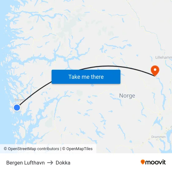 Bergen Lufthavn to Dokka map
