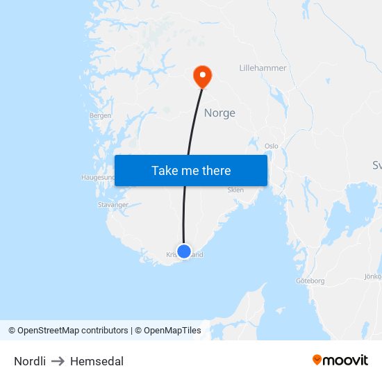 Nordli to Hemsedal map