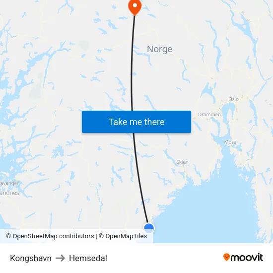 Kongshavn to Hemsedal map