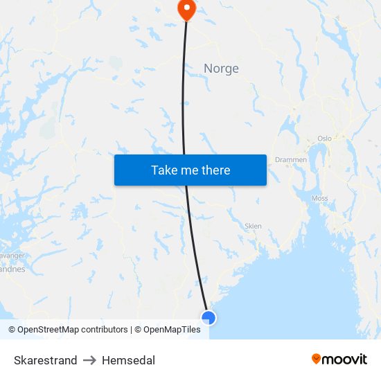 Skarestrand to Hemsedal map