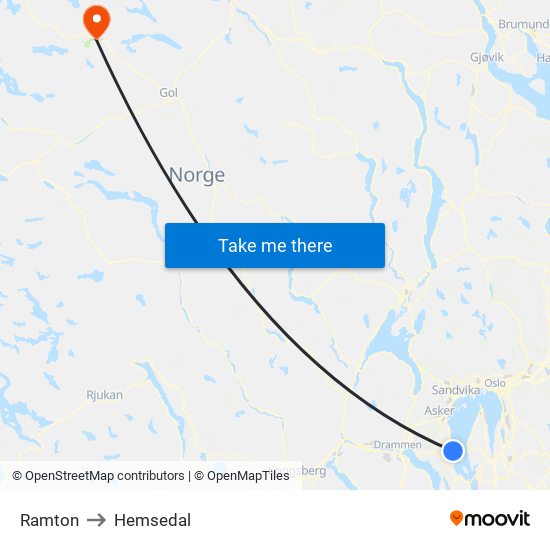 Ramton to Hemsedal map