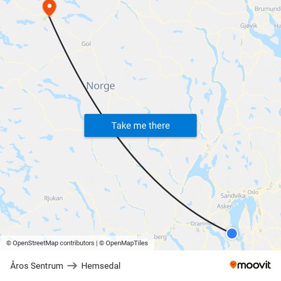 Åros Sentrum to Hemsedal map