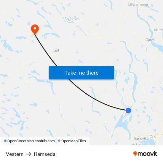 Vestern to Hemsedal map