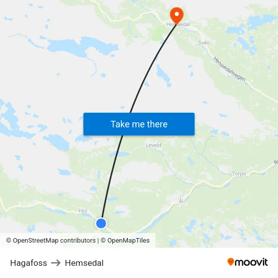 Hagafoss to Hemsedal map