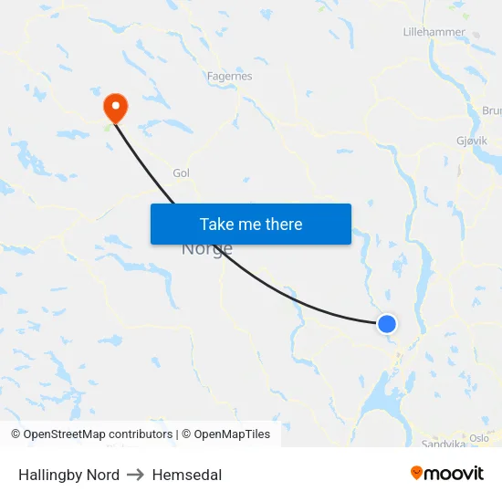 Hallingby Nord to Hemsedal map
