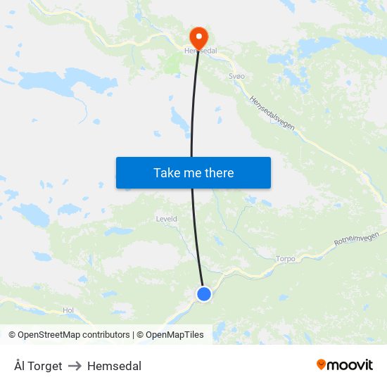 Ål Torget to Hemsedal map