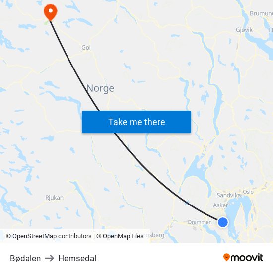 Bødalen to Hemsedal map