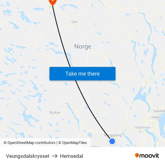 Veungsdalskrysset to Hemsedal map