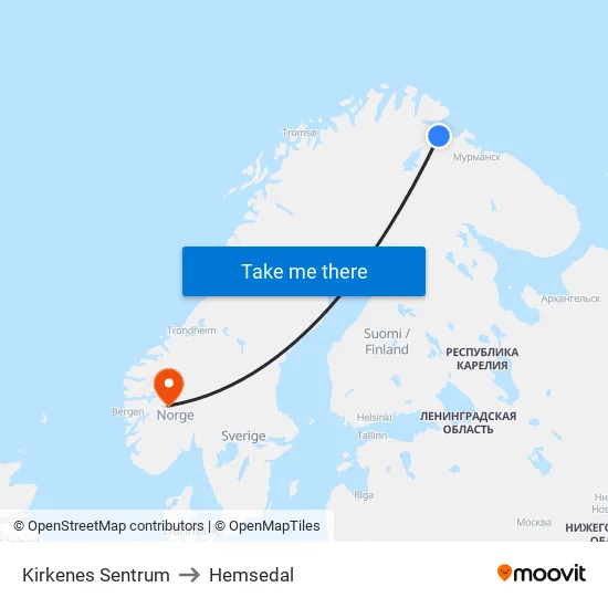 Kirkenes Sentrum to Hemsedal map
