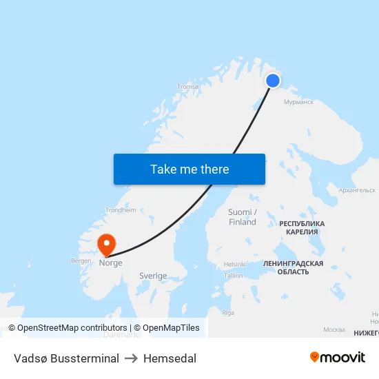 Vadsø Bussterminal to Hemsedal map