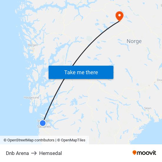Dnb Arena to Hemsedal map