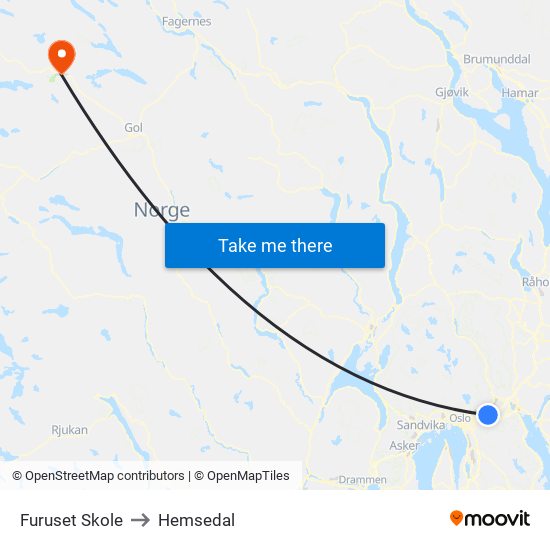 Furuset Skole to Hemsedal map