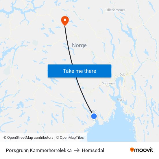 Porsgrunn Kammerherreløkka to Hemsedal map