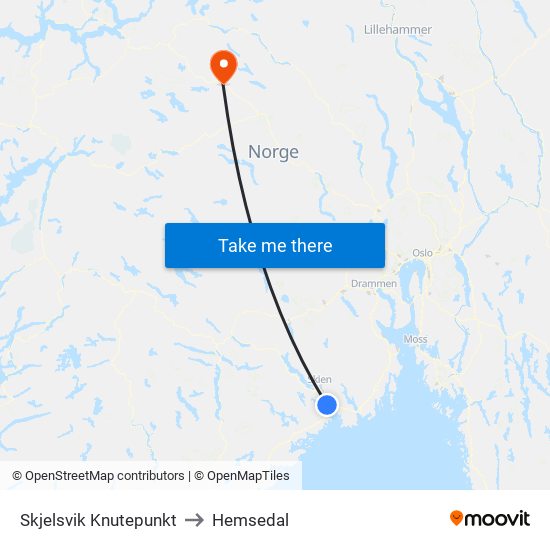 Skjelsvik Knutepunkt to Hemsedal map