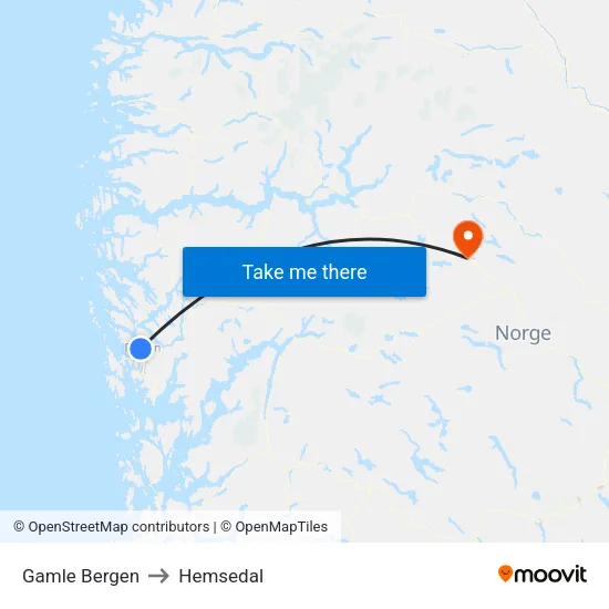 Gamle Bergen to Hemsedal map