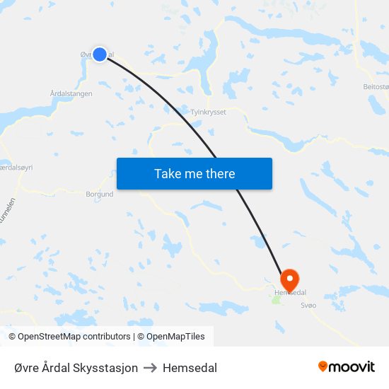 Øvre Årdal Skysstasjon to Hemsedal map