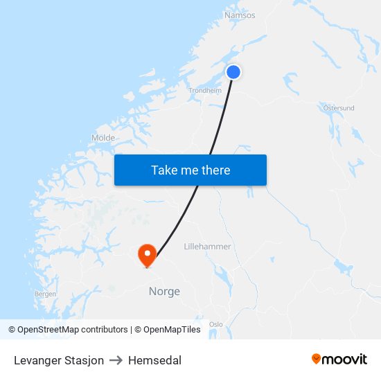 Levanger Stasjon to Hemsedal map