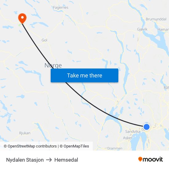 Nydalen Stasjon to Hemsedal map