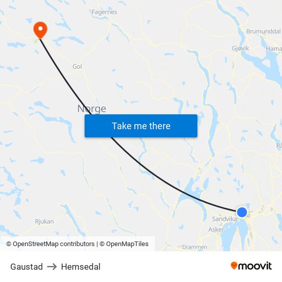 Gaustad to Hemsedal map