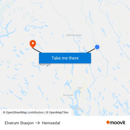 Elverum Stasjon to Hemsedal map