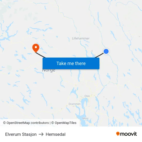 Elverum Stasjon to Hemsedal map