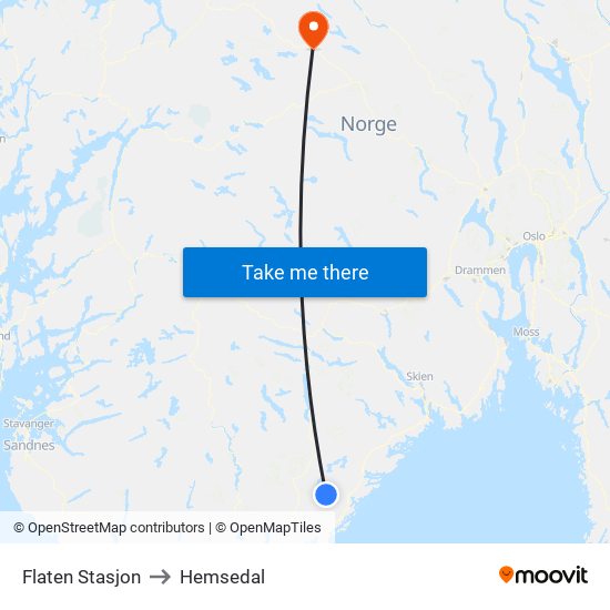 Flaten Stasjon to Hemsedal map