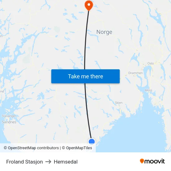 Froland Stasjon to Hemsedal map