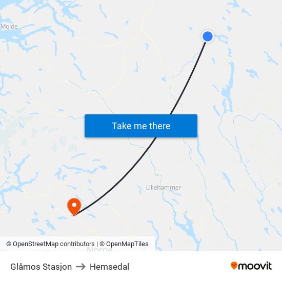 Glåmos Stasjon to Hemsedal map