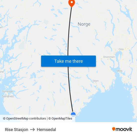 Rise Stasjon to Hemsedal map