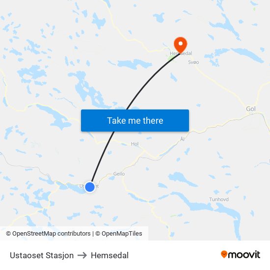 Ustaoset Stasjon to Hemsedal map