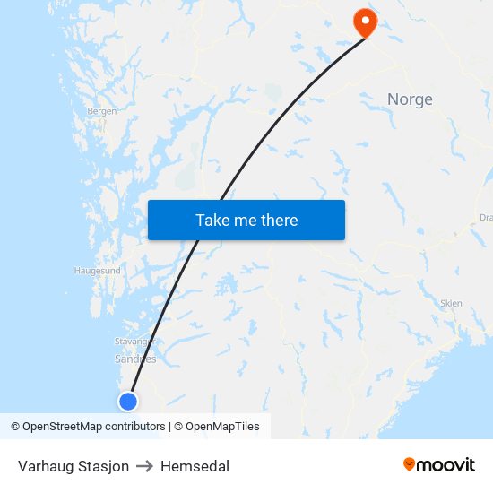 Varhaug Stasjon to Hemsedal map