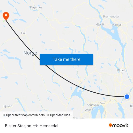 Blaker Stasjon to Hemsedal map