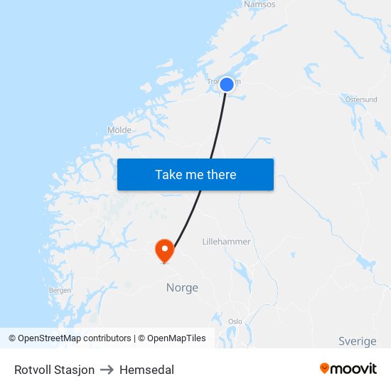 Rotvoll Stasjon to Hemsedal map
