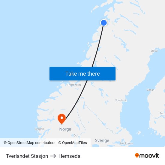 Tverlandet Stasjon to Hemsedal map