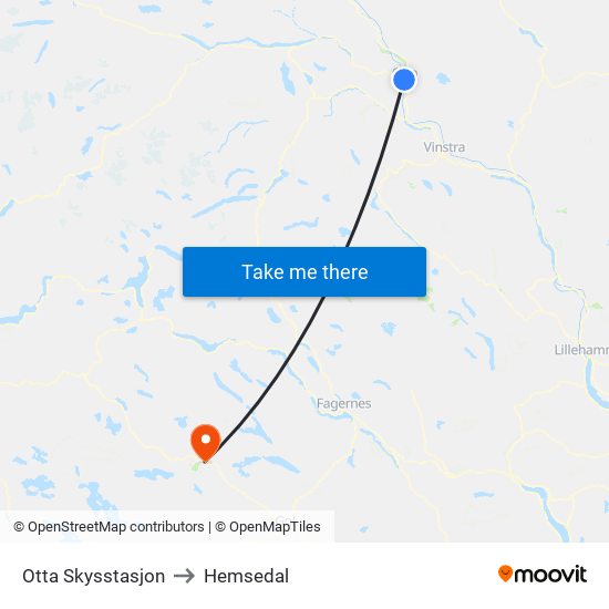 Otta Skysstasjon to Hemsedal map