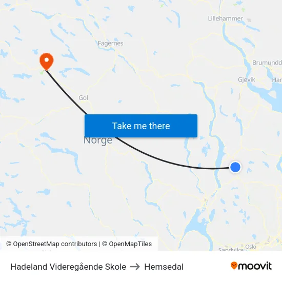 Hadeland Videregående Skole to Hemsedal map