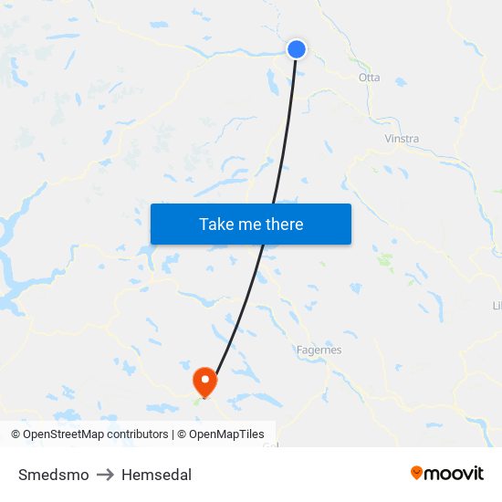 Smedsmo to Hemsedal map