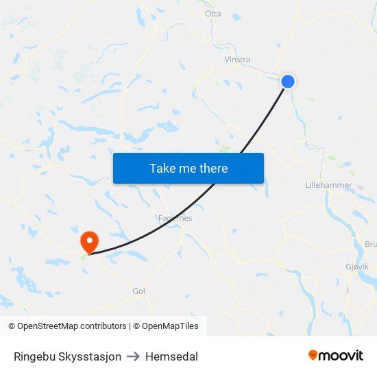 Ringebu Skysstasjon to Hemsedal map