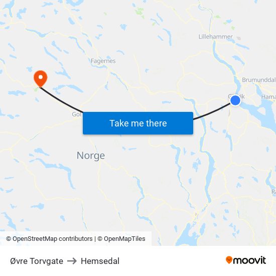 Øvre Torvgate to Hemsedal map