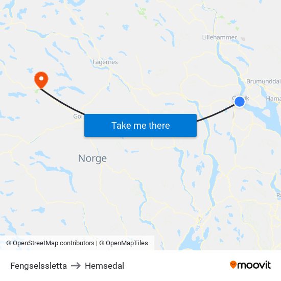 Fengselssletta to Hemsedal map