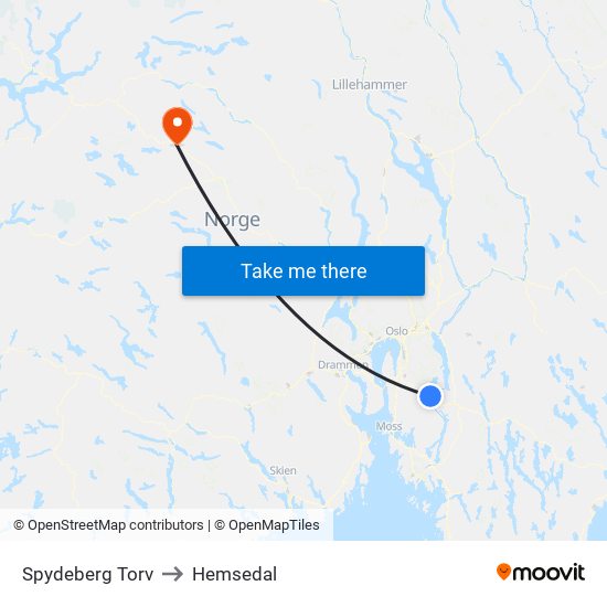 Spydeberg Torv to Hemsedal map