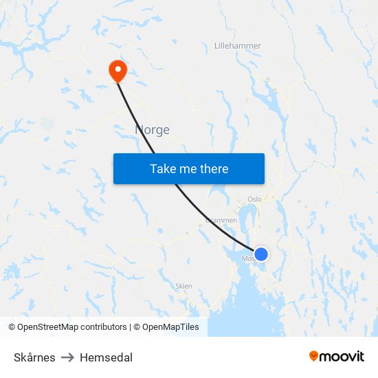 Skårnes to Hemsedal map