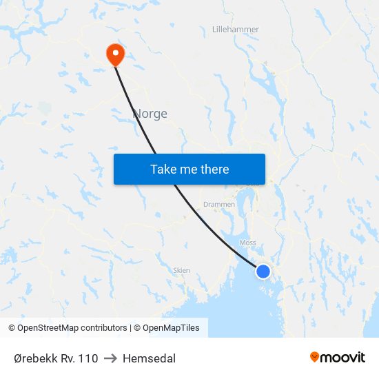 Ørebekk Rv. 110 to Hemsedal map