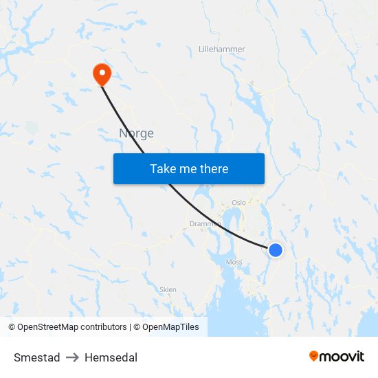 Smestad to Hemsedal map