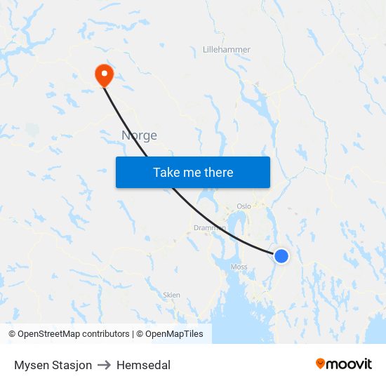 Mysen Stasjon to Hemsedal map